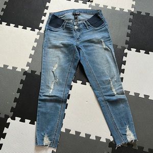 Indigo blue distressed maternity jeans